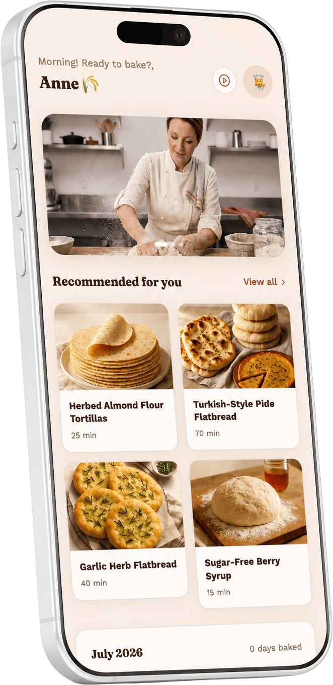 Phone mockup showing the Vita Bakery app home screen with recommended recipes