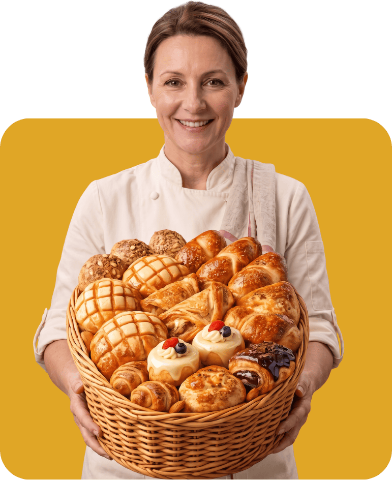 Chef Camille holding a basket of fresh pastries