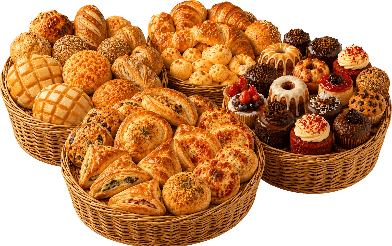 Four baskets of fresh baked goods: breads, croissants, savory pastries, and cakes
